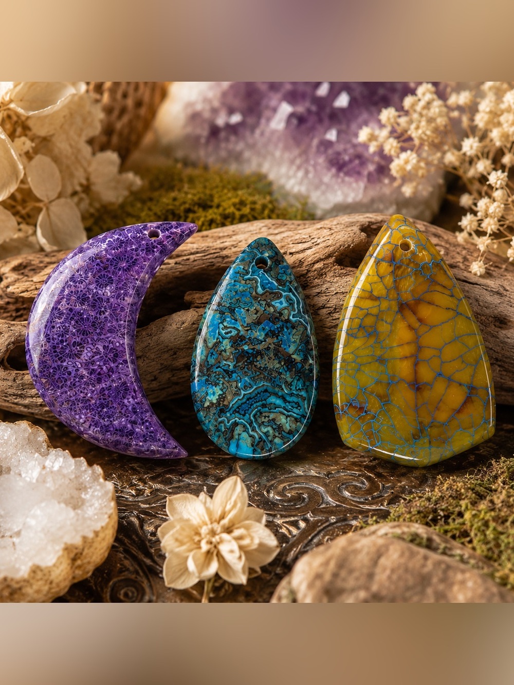 Fossilized Coral Moon, Azurite & Dragon Vein Agate Pendant Trio, Artisan Gems - Picture 1 of 3